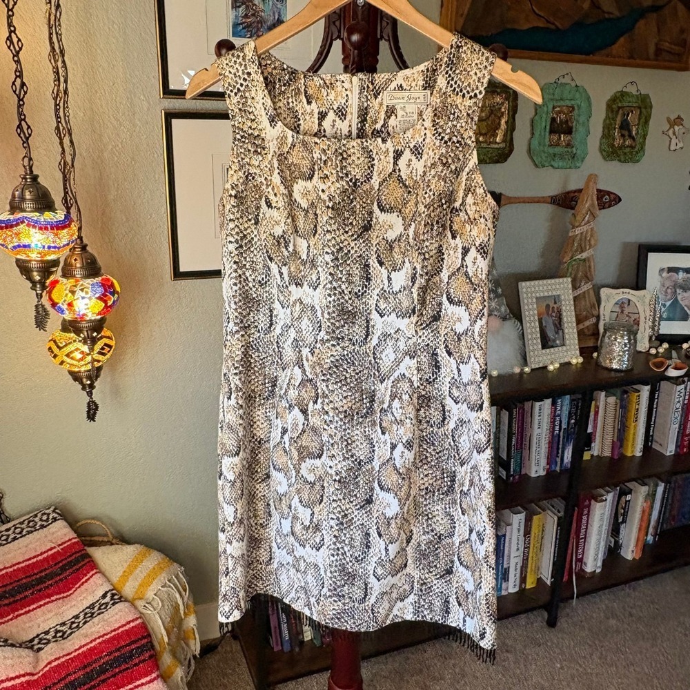 Vintage Dawn Joy Snake Print Beaded Hem Dress USA Made Size 7/8